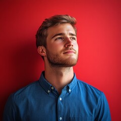 Obraz premium Young man in a blue shirt contemplates against a vibrant red wall in a bright indoor space