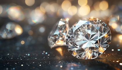 Fototapeta premium Beautiful dazzling diamonds on dark shiny background, close up