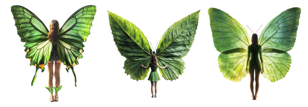 Enchanted beings with green butterfly wings blending nature and fantasy, PNG bundle collection, Isolated on Transparent Background