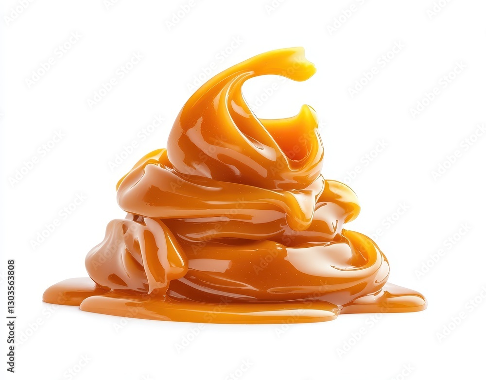 Poster smooth and glossy caramel sauce pile displayed on white background with intricate swirls and reflect