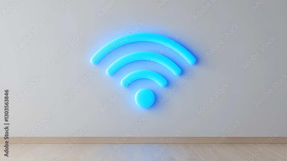 Poster blue glowing wireless icon on wall signifies internet access and network connectivity. modern, minim