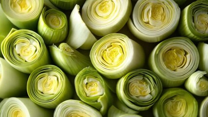 Fresh cut leeks close-up, healthy food, vibrant greens.  Possible use Cooking demonstration or recipe inspiration