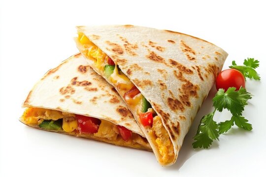 Deliciously cheesy breakfast quesadilla crafted with fresh vegetables and served with herbs isolated on transparent background
