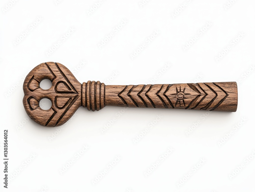 Poster intricately carved wooden key with unique patterns and symbols on a white background