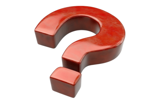 A vibrant red question mark sculpture on a clean white surface sparks curiosity isolated on transparent background