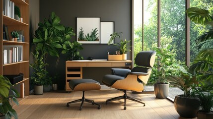 Modern home office with plants and natural light