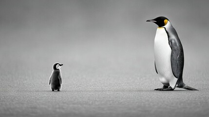 Obraz premium A monochrome image of two penguins huddled together against a gray backdrop