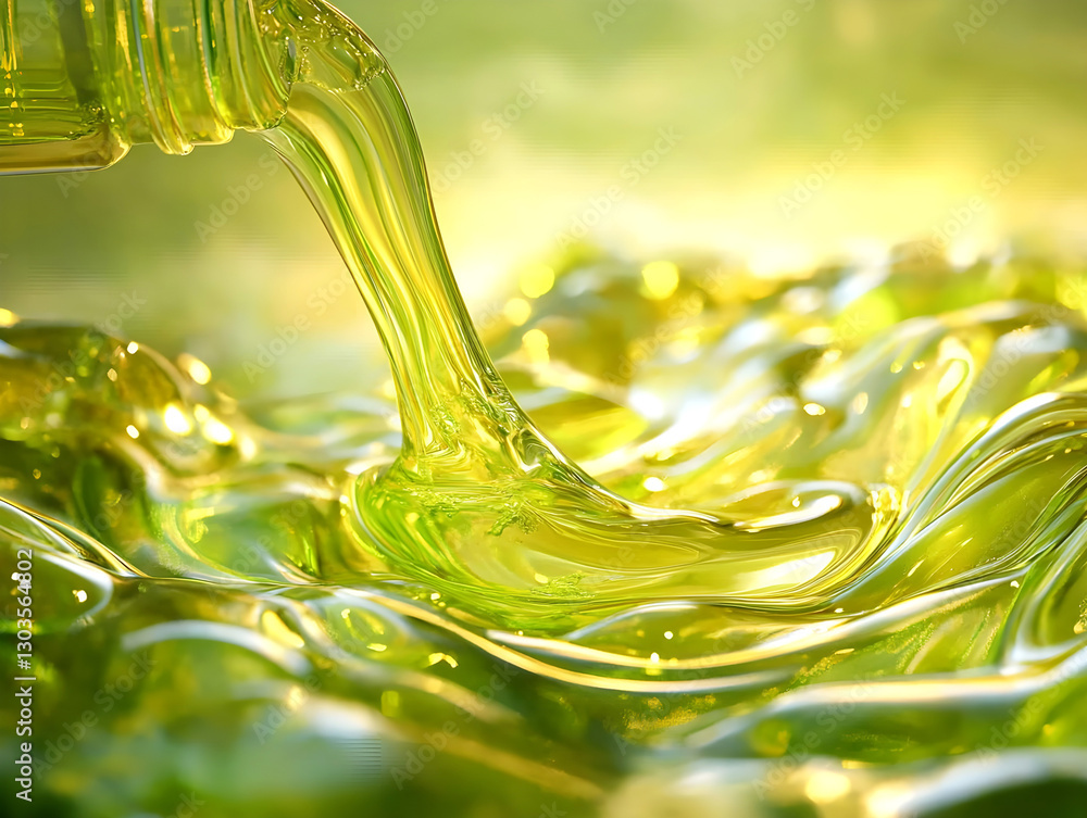 Poster golden green liquid being poured in a dynamic, glossy flow, creating a smooth and viscous texture wi