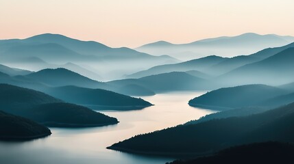   A panoramic view of a mountainous region with a serene body of water in the center and a hazy sky overhead