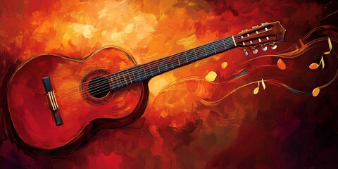 Obraz premium A guitar is painted in a red and orange background. The guitar is the main focus of the painting, and it is surrounded by leaves and other elements that give the impression of a musical performance