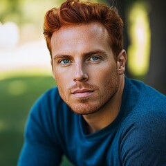 Fototapeta premium Young man with red hair and blue eyes sitting outdoors in a relaxed pose during sunny weather