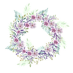 wreath of pink flowers. Hello spring hand drawn. Not AI, Vector illustration.