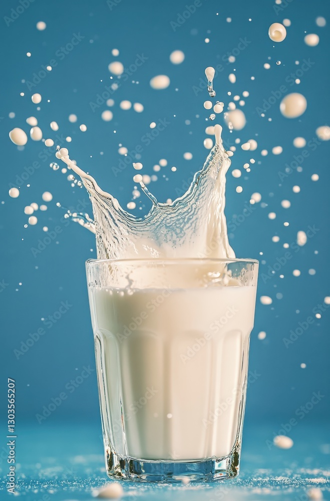 Poster splash of milk in a glass with blue background creating a refreshing and vibrant visual experience f