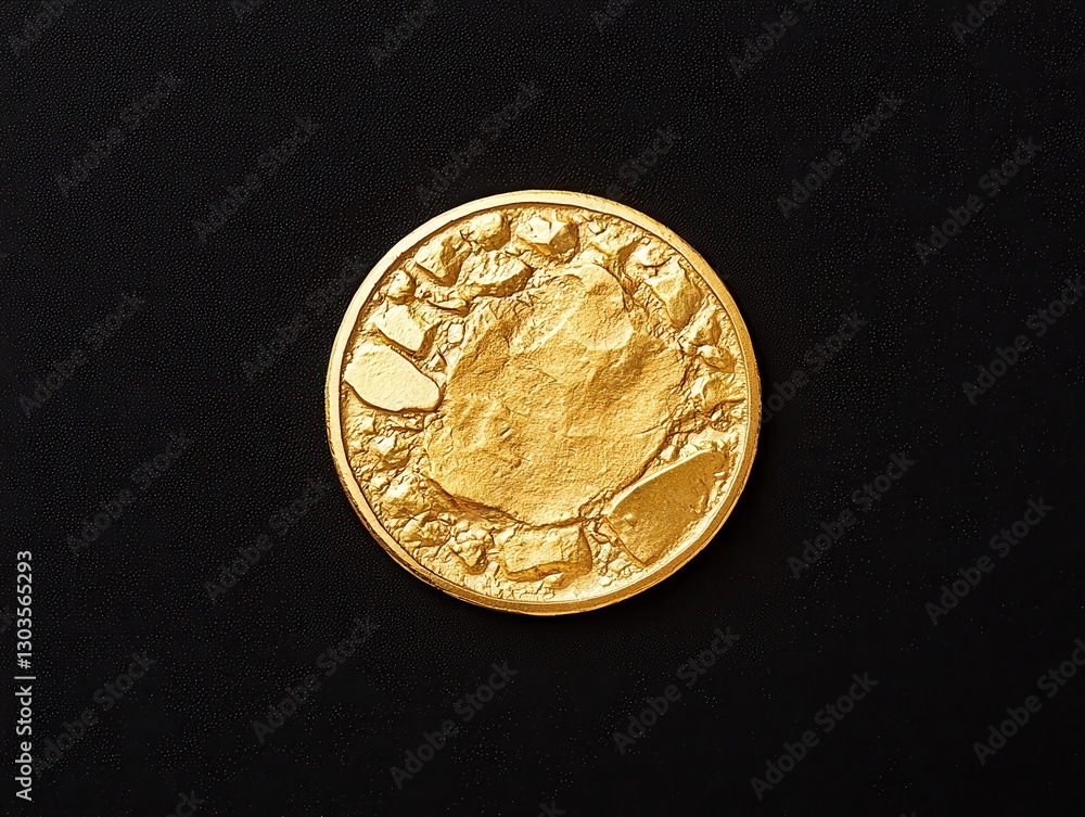 Poster a close-up view of a textured golden coin on a dark background, showcasing its intricate design