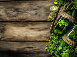 St. Patrick’s Day Flat Lay with Green Beer, Shamrocks, and Gold Coins – Festive Celebration Background