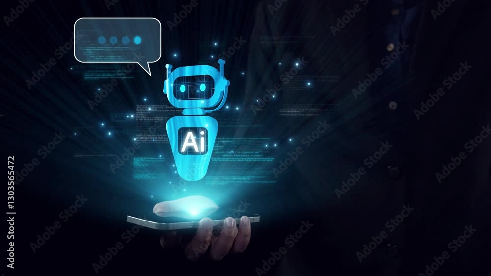 Poster human interact with ai artificial intelligence virtual assistant chatbot in concept of ai artificial