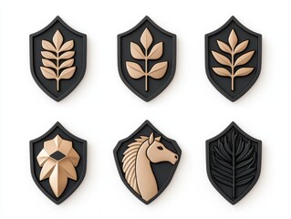 Six elegant shield designs featuring botanical and animal motifs in a minimalist style