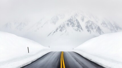 Fototapeta premium Snow-covered mountain range road with yellow centerline