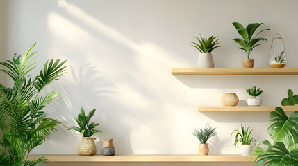 Wooden shelves with plants and decorative elements on light wall