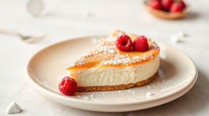 Delectable cheesecake slice with fresh raspberries and powdered sugar on a plate, ready to be savored.