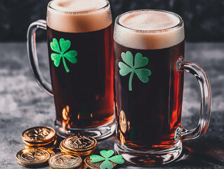 St. Patrick’s Day Dark Beer Mugs with Shamrock and Gold Coins – Irish Pub Celebration