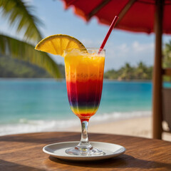 Tropical Beach Sunset Cocktail: A Refreshing Fruit Garnish Beverage with Pineapple & Orange Slice