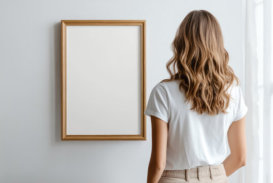 A woman stands looking at a mockup poster frame.