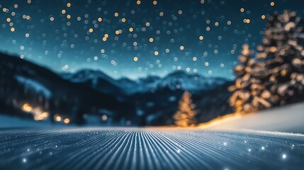 Fototapeta premium a snowy mountain with a pine tree in the foreground and lights in the background