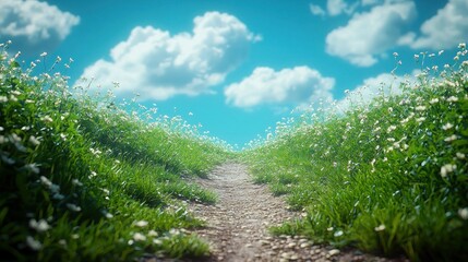 Fototapeta premium Sunny path through a field of white flowers under a vibrant sky