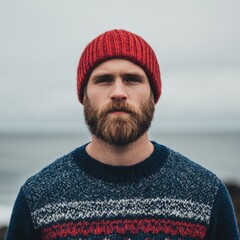 Man stands confidently by the ocean wearing a red beanie and patterned sweater on a cloudy day
