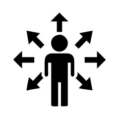 an illustration of a person surrounded by arrows pointing in different directions, representing choice and decision, vector illustration