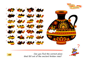 Can you find the correct piece that fell out of the ancient broken vase? Logic puzzle game for smartest. Page for kids brain teaser book. Developing spatial thinking. Flat vector illustration.