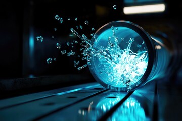 Dramatic water splash from pipe on industrial metal surface with blue lighting