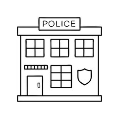 a simple, outlined illustration of a police station with a sign that says 'police' vector illustration