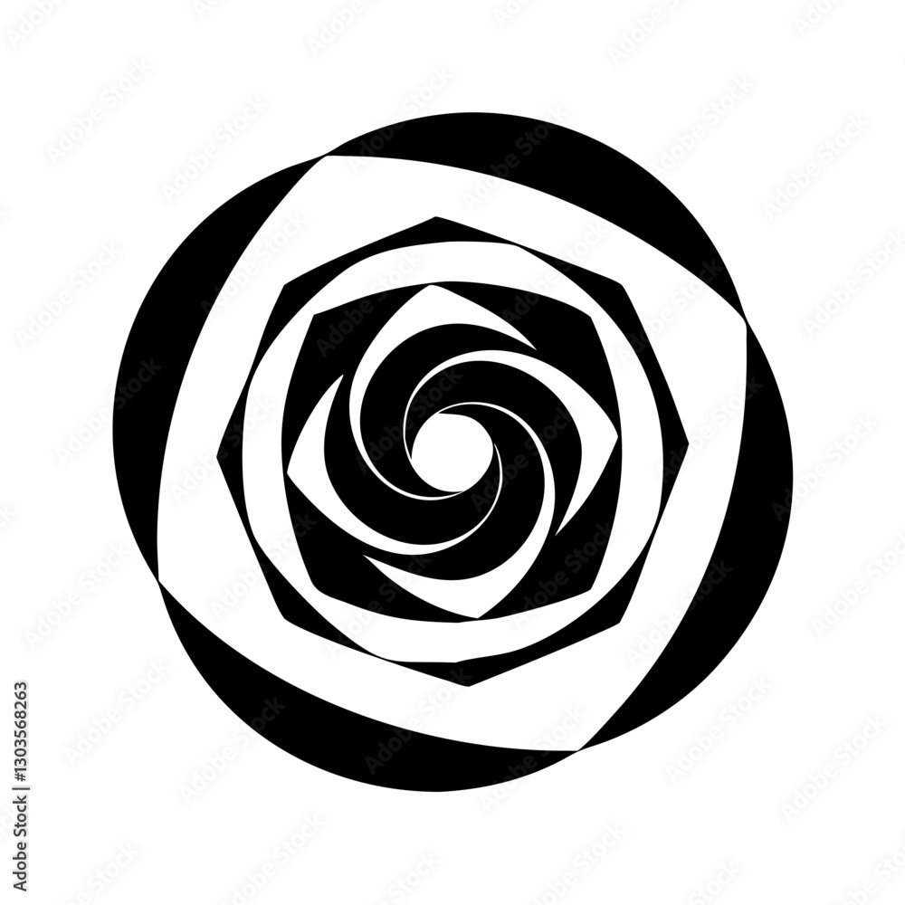 Poster an abstract black and white geometric spiral design. this design features a circular shape with swir