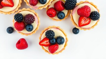 Obraz premium Mini fruit tarts with a creamy filling and mixed berries create a delightful and delicious dessert option.