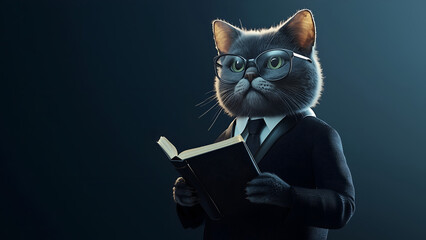 A serious lawyer cat in a formal black suit, holding a legal book. A professional and elegant design banner for legal and business themes