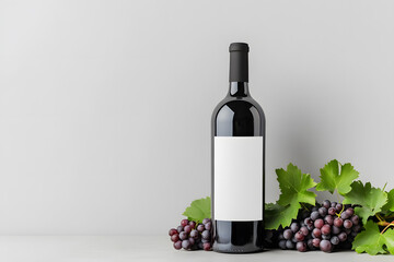 Obraz premium Elegant Still Life: A dark glass wine bottle with a blank label sits beside a bunch of grapes with green leaves, against a simple background.