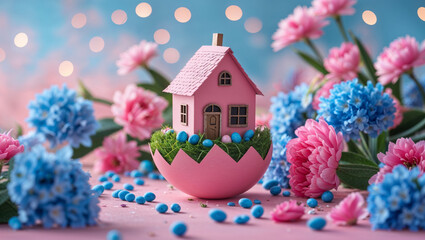 Beautiful homemade Easter egg decoration featuring a charming pink house surrounded by flowers and colorful eggs on a festive background