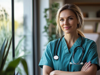 A young female doctor or nurse in blue scrubs stands confidently in a modern hospital. Warm lighting and a friendly expression symbolize trust and care