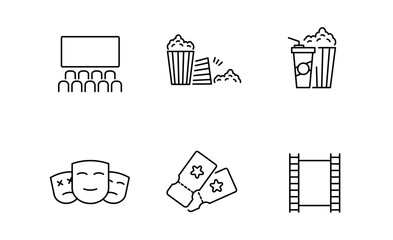 Set of Cinema and Entertainment icon, Film Strip, Popcorn, ticket Symbol Outline icon, Editable Stroke