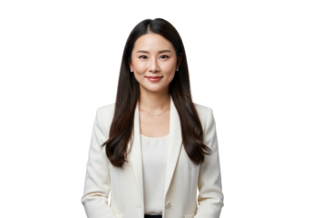 A professional woman with long sleek dark brown hair wearing a tailored white blazer over a white top isolated on transparent background