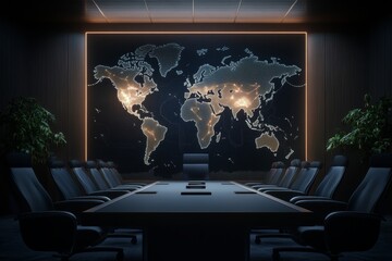 A glowing world map hologram in an office. Generative AI