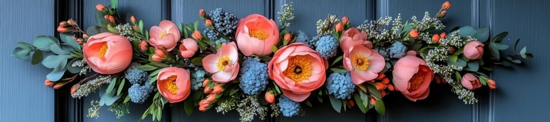 Obraz premium Bright Floral Wreath with Peach-colored Flowers and Fresh Greenery on Door. Generative AI