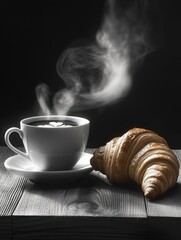 The image shows a delicious croissant alongside a cup of coffee. The scene is set against a dark background, emphasizing the steam rising from the hot beverage and the golden-brown color of the flaky