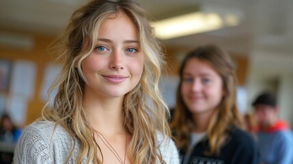 A smiling young woman with blonde hair in a white sweater standing confidently in a bright classroom with students behind