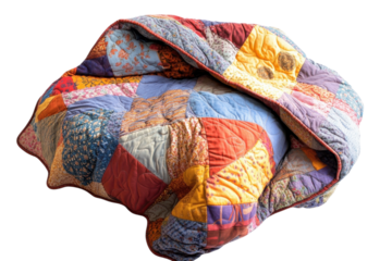 A colorful quilt draped elegantly over a cozy armchair in a warmly lit living room isolated on transparent background