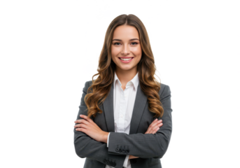 A young businesswoman with long wavy brown hair wearing a tailored blazer stands with her arms crossed isolated on transparent background