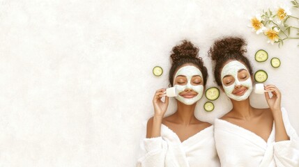 spa day relaxation, latin and african women indulging in a spa day, relaxing with face masks, cucumber slices, and robes in a serene wellness setting