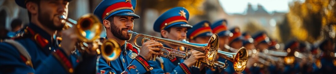 Fototapeta premium Smiling Musician Playing Trumpet in Uniform at a Patriotic Parade. Generative AI